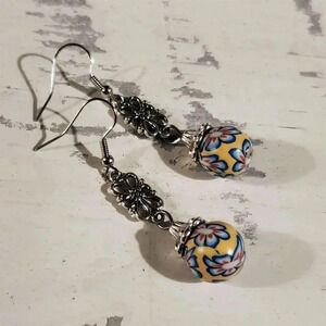 Handcrafted Fimo Clay Yellow Blue Multi Flower Beads Antique Silver Earrings